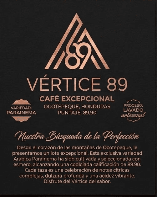 Etiqueta oficial Vértice 89 — café excepcional de Ocotepeque